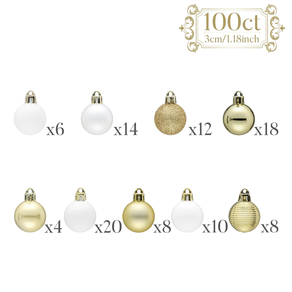 100Ct Mini Christmas Ornaments, White Gold Hanging Christmas Tree Ornaments for Holidy Decor