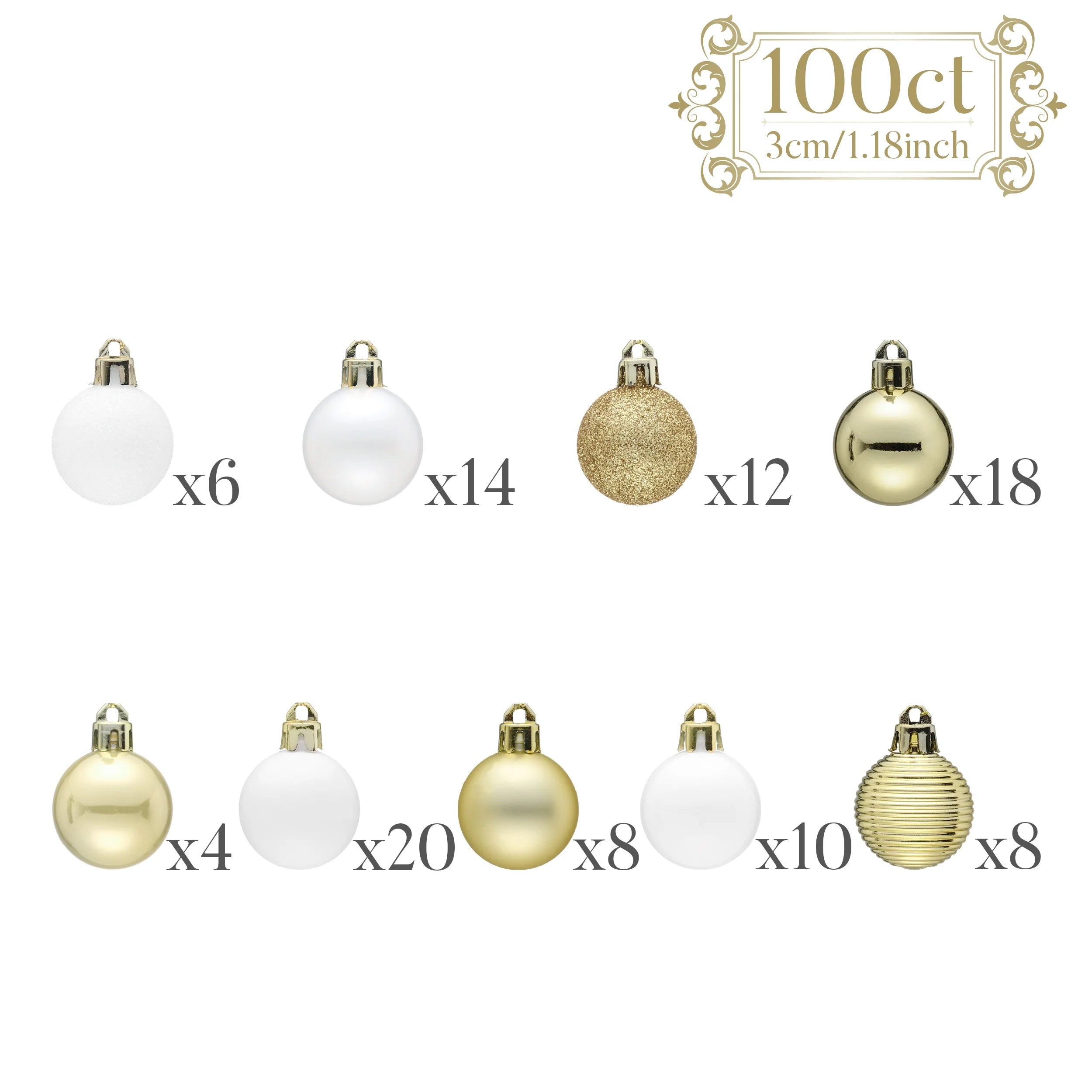 100Ct Mini Christmas Ornaments, White Gold Hanging Christmas Tree Ornaments for Holidy Decor