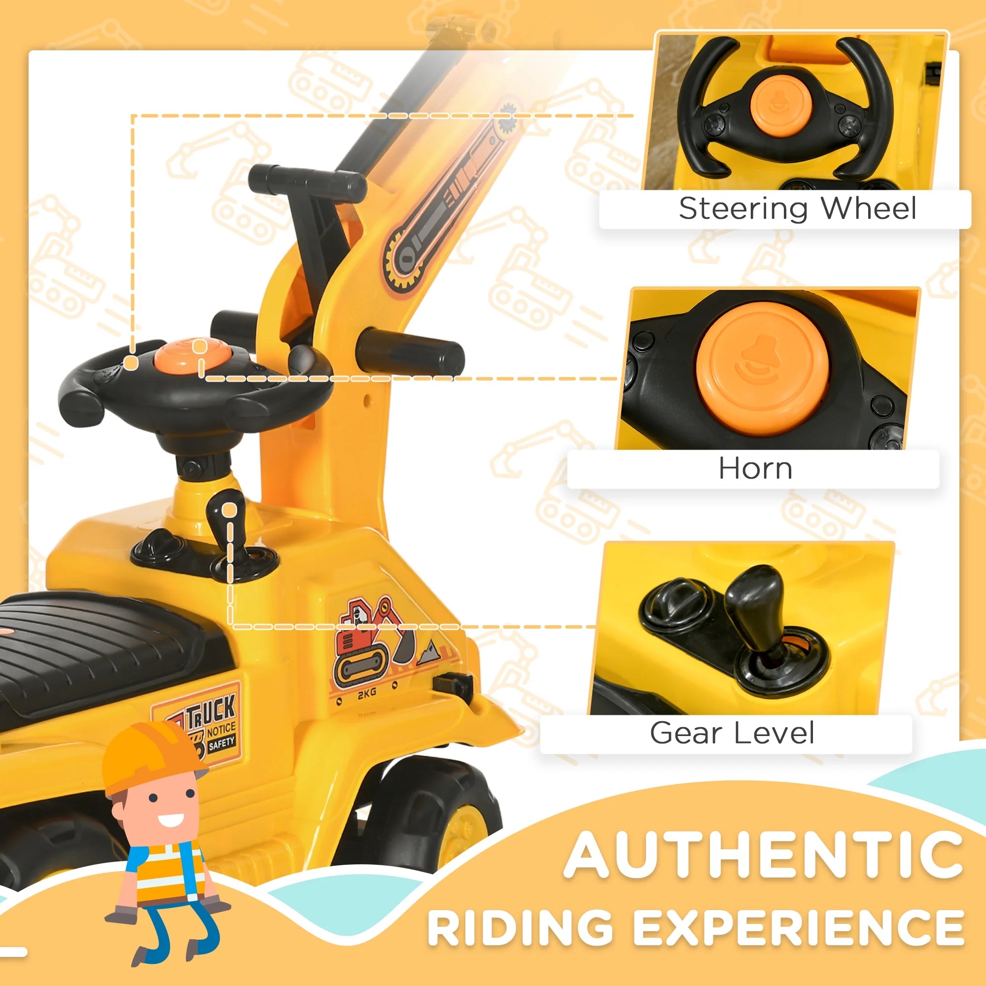 3-in-1 Ride-On Excavator Digger Scooter and Pulling Cart for Pretend Play Construction Activities