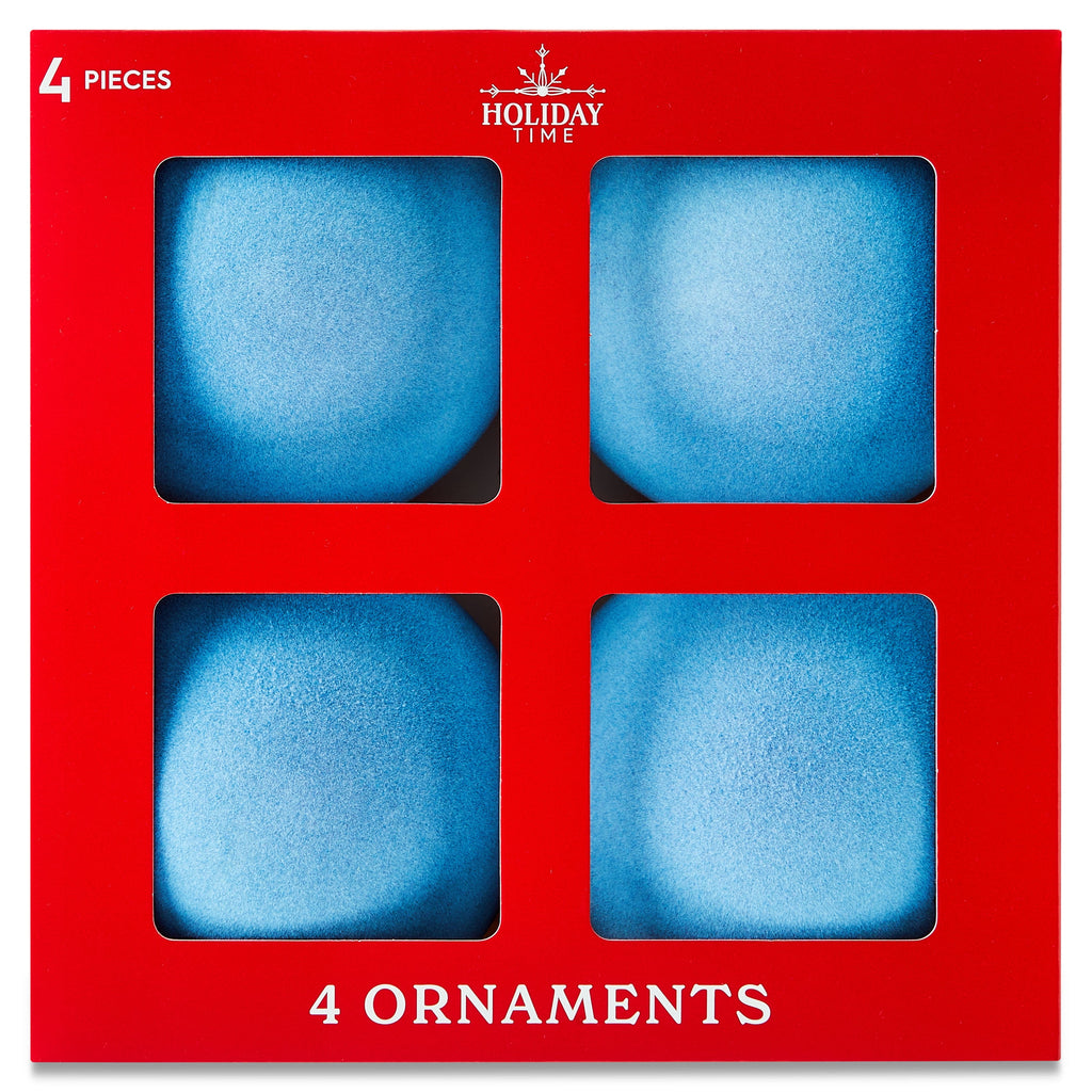 4 Count Light Blue Velvet-Feel Ball Christmas Ornaments, 4.5", by