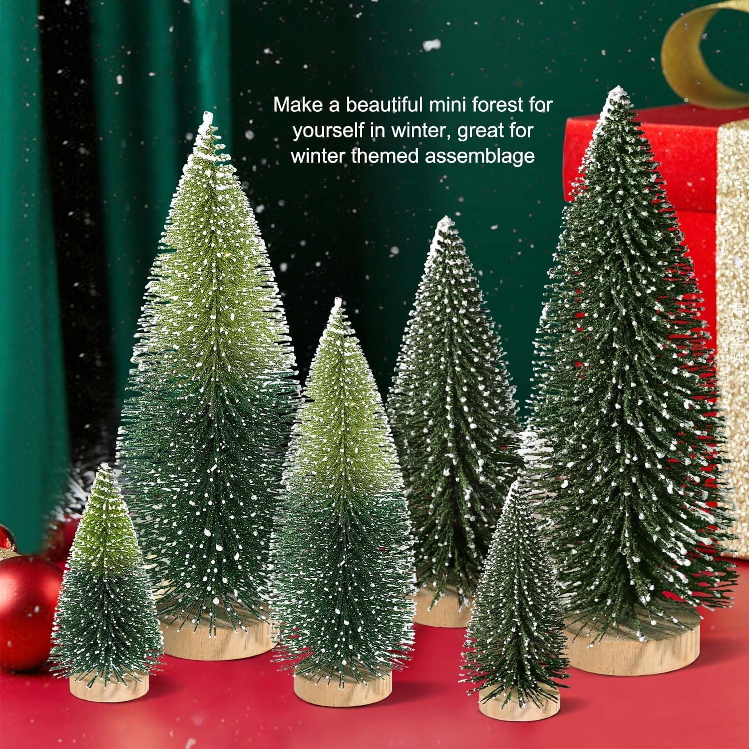6Pcs Artificial Mini Christmas Tree Sisal Snow Trees Bottle Brush Christmas Trees Pine Trees Ornaments with Wooden Base for Christmas Party Decoration（(Green, Double Colors)）