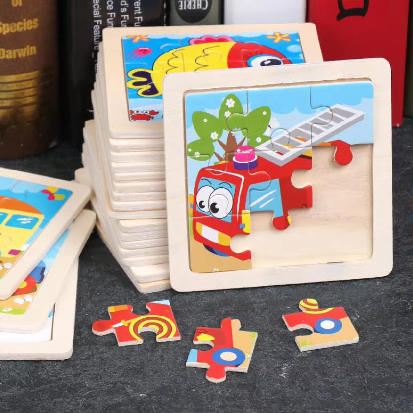 Colorful 11cm Wooden Jigsaw Puzzle for Kids - Fun Cartoon Animal & Vehicle Patterns - Montessori Educational Toy