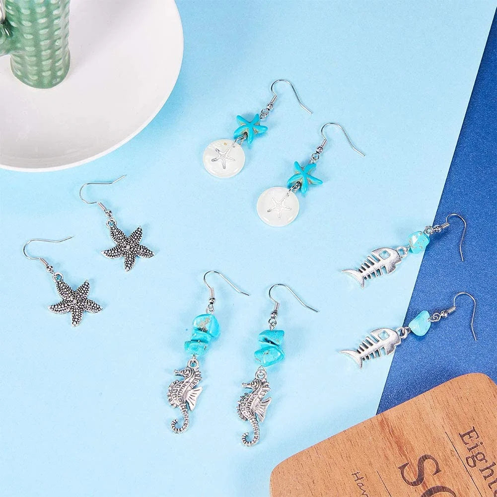 10 Pair Starfish & Seahorse Turquoise Earring Making Kit - Complete Jewelry Supplies Set
