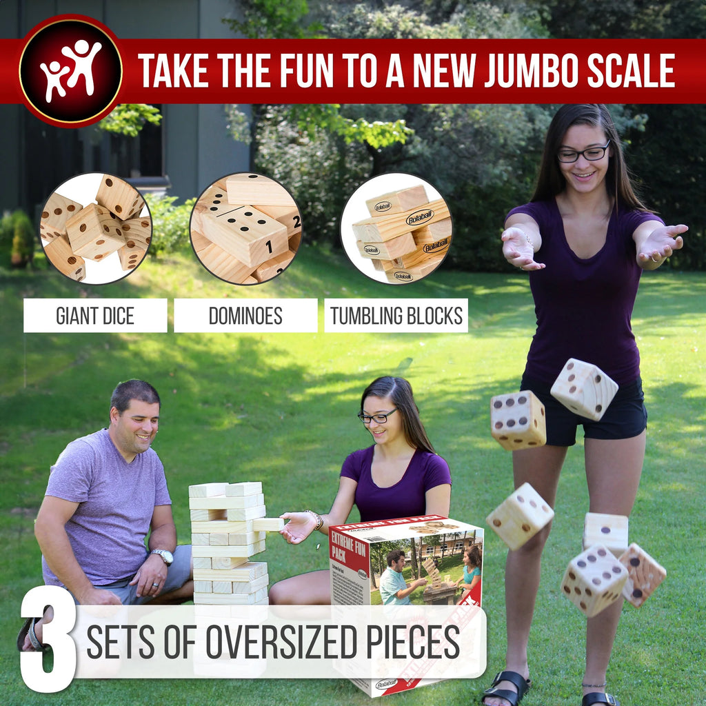 : Ultimate Outdoor Giant Games Set - 6 Jumbo Dice, 45 Tumbling Blocks & 28 Dominoes for Fun-Filled Family Activities!