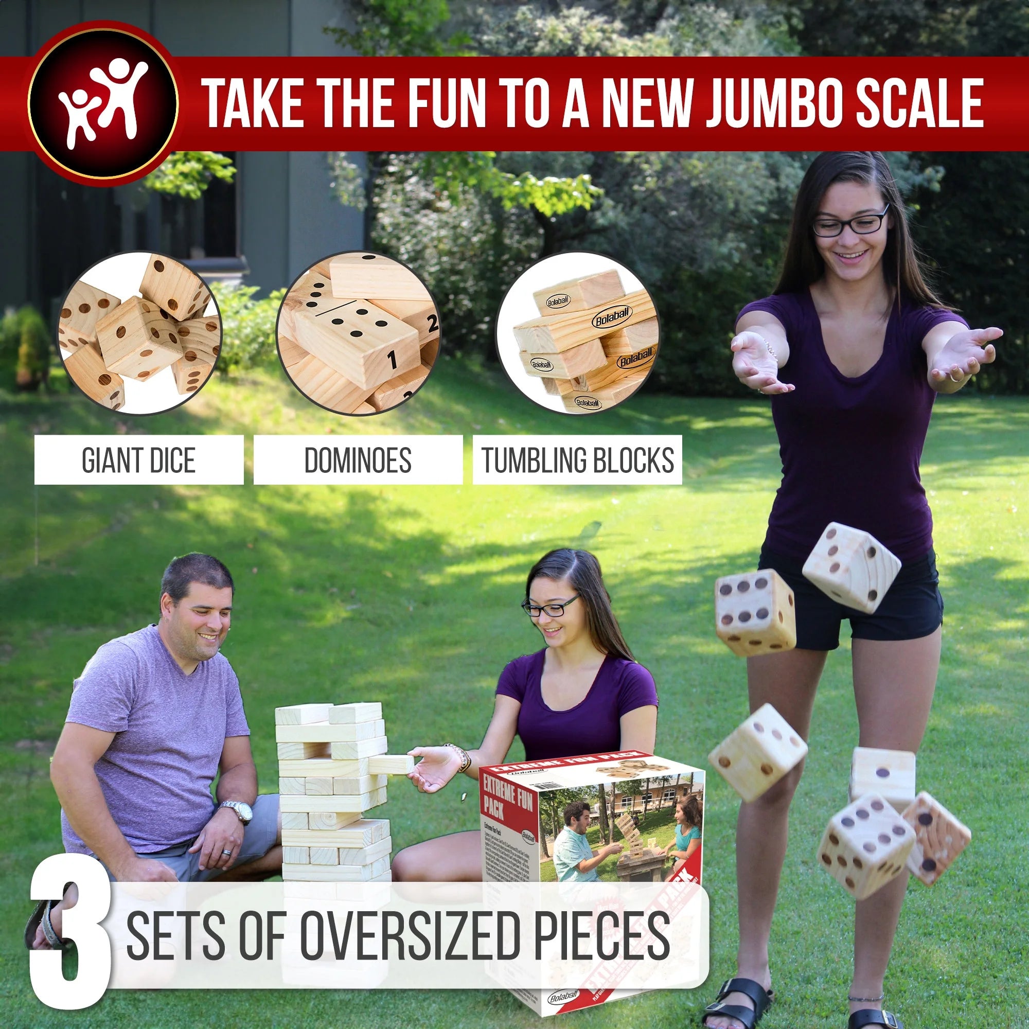 : Ultimate Outdoor Giant Games Set - 6 Jumbo Dice, 45 Tumbling Blocks & 28 Dominoes for Fun-Filled Family Activities!