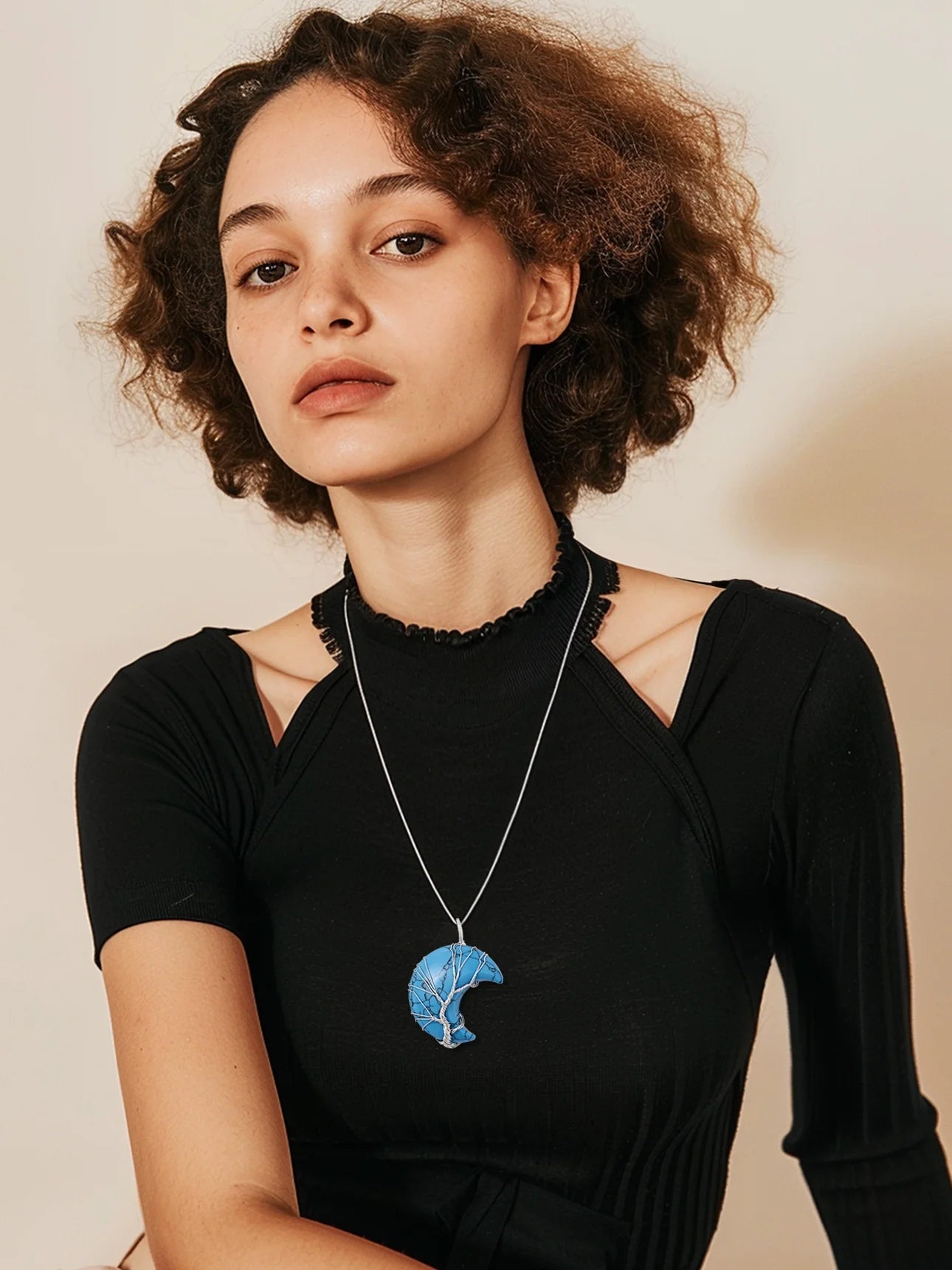 Stunning December Birthstone Necklace - Tree of Life Crescent Moon Pendant with Synthetic Blue Turquoise Healing Crystal for Women and Girls