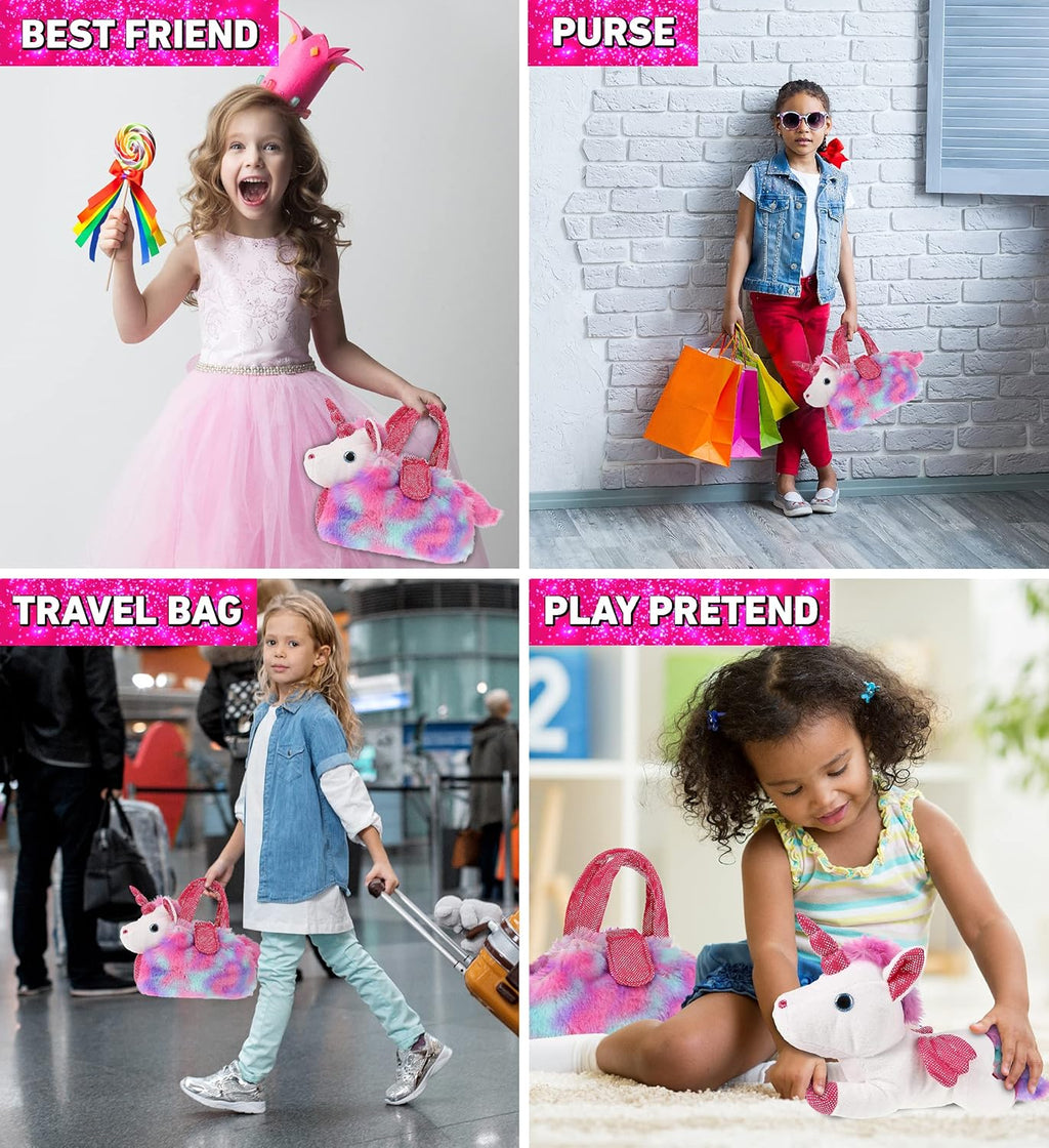 PINK UNICORN PLUSH TOY PET CARRIER - ANIMAL PURSE WITH REMOVABLE SPARKLY WHITE PLUSH TOY 