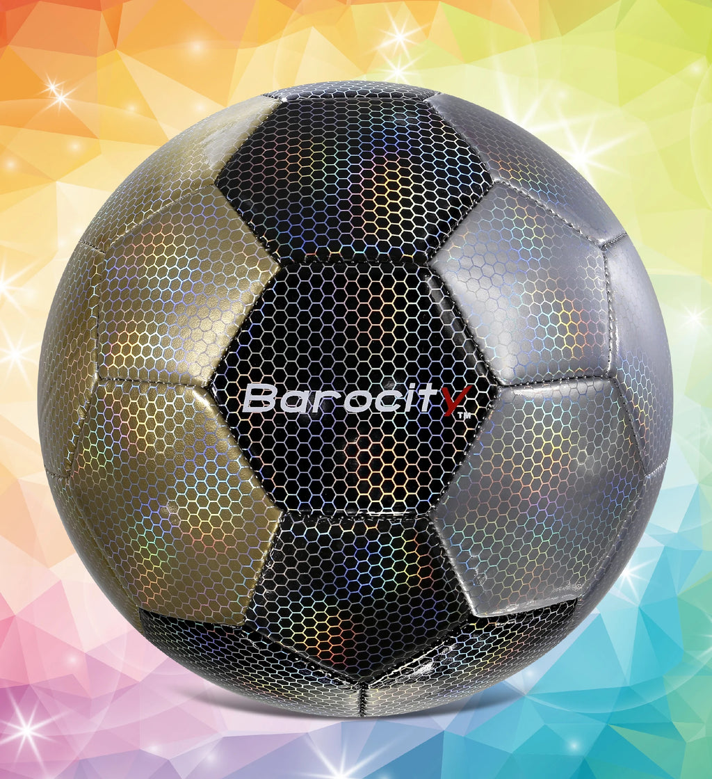 Barocity Premium Size 3 Soccer Ball - Silver, Black, Gold with Reflective Iridescent Rainbow Hex Pattern for Kids - Perfect for Indoor & Outdoor Play!