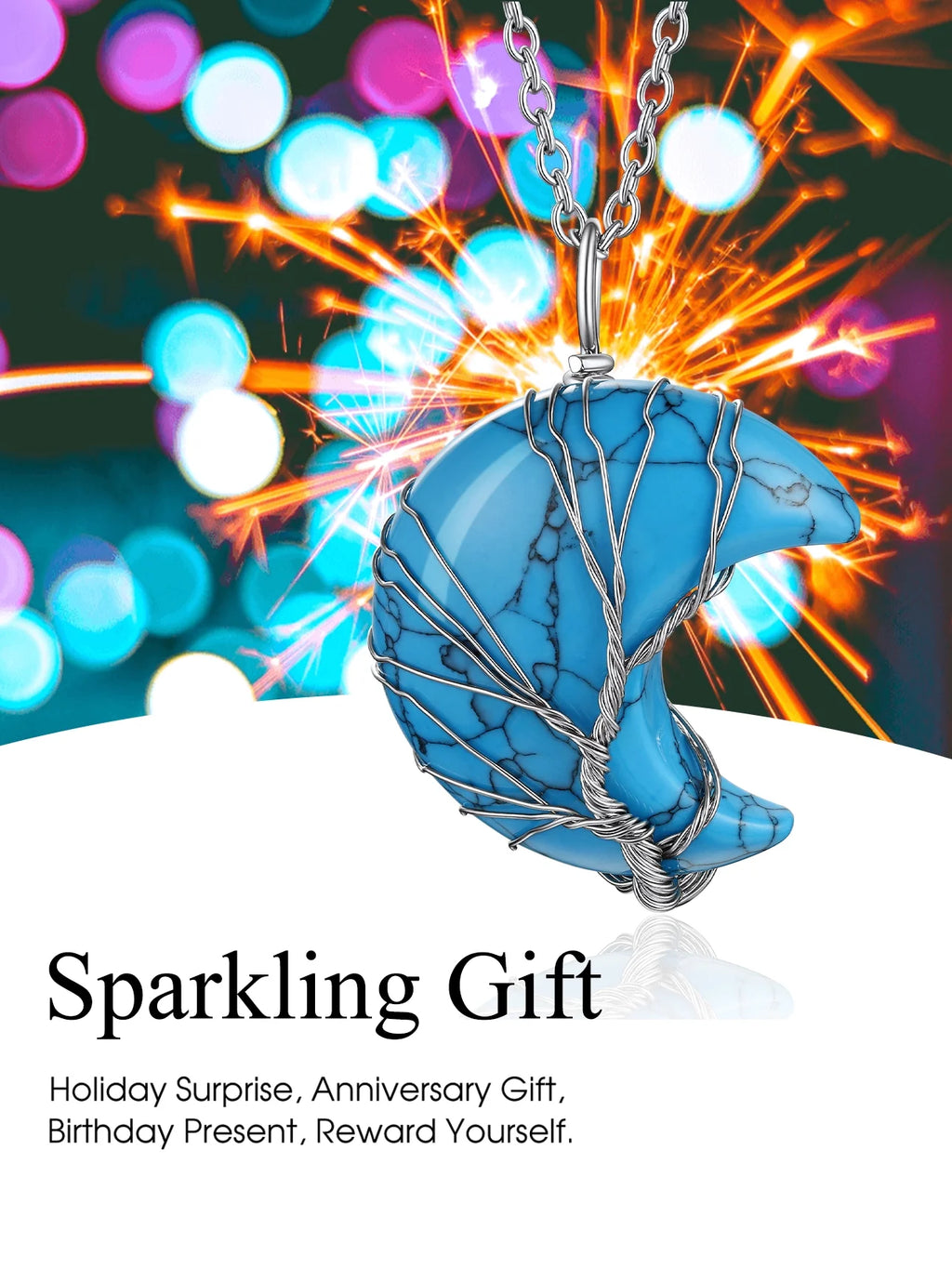 Stunning December Birthstone Necklace - Tree of Life Crescent Moon Pendant with Synthetic Blue Turquoise Healing Crystal for Women and Girls