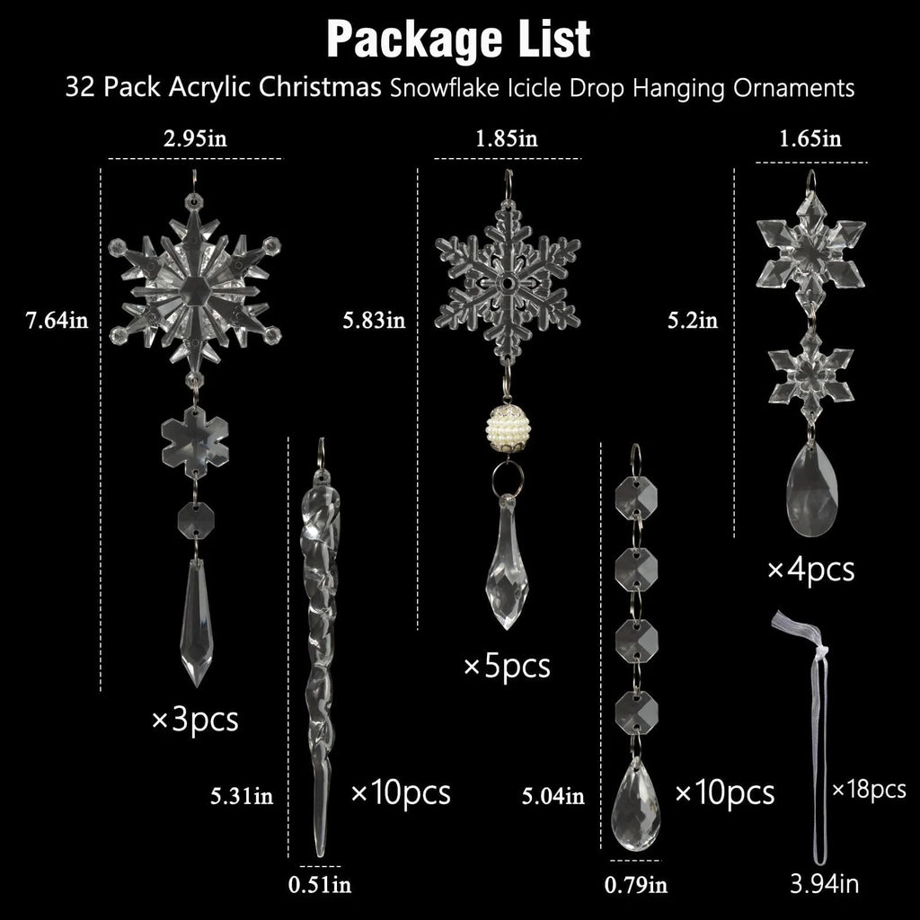 Guasslee Christmas Tree Decoration Crystal Ornaments - 32Pcs Acrylic Christmas Ornaments Snowflake Icicle Drop Crystal Hanging Ornaments for Xmas Christmas Tree Winter Holiday Frozen Decorations