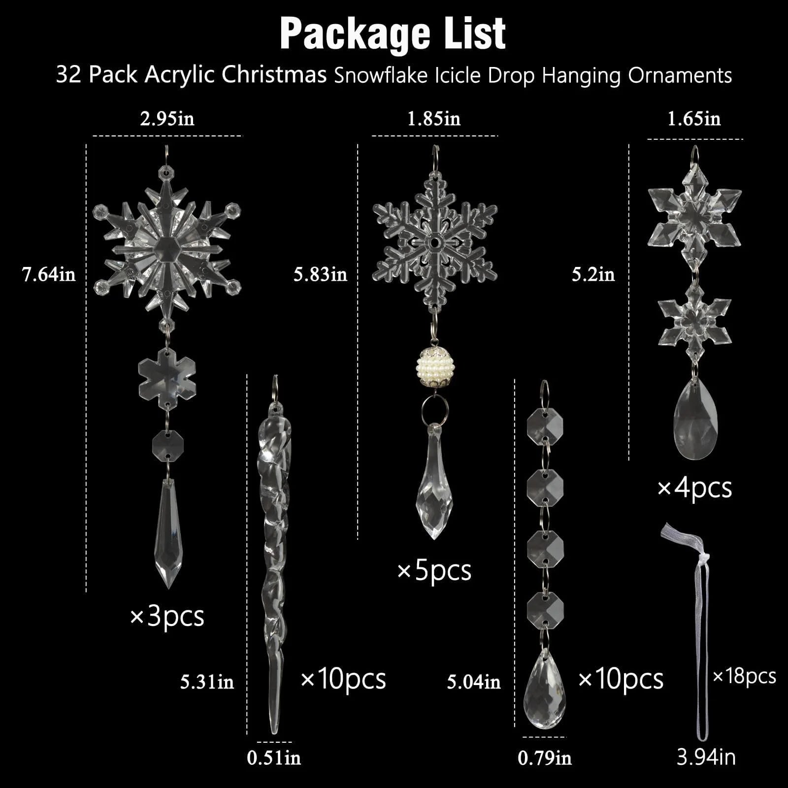 Guasslee Christmas Tree Decoration Crystal Ornaments - 32Pcs Acrylic Christmas Ornaments Snowflake Icicle Drop Crystal Hanging Ornaments for Xmas Christmas Tree Winter Holiday Frozen Decorations