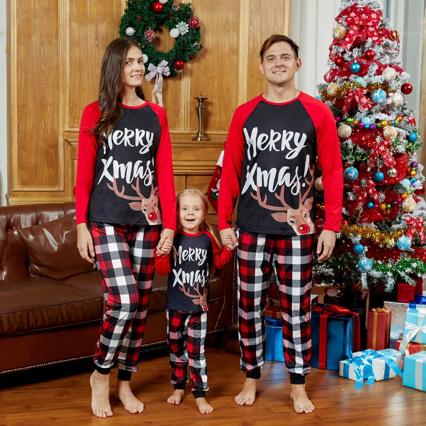 Christmas Pajamas Family Matching 2 Piece Pjs Sets Letter & Deer Print Long Sleeve Top & Plaid Pants for Kids Girl Boys Holiday Sleepwear with Socks, Black/Red, 6-7 Years