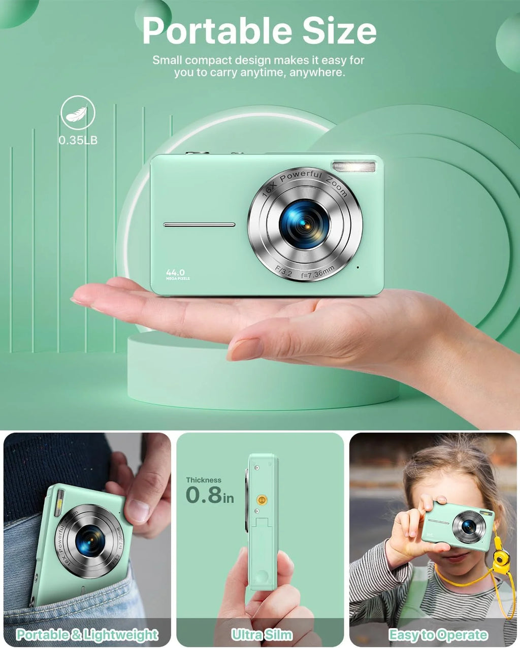 Digital Camera FHD1080P 44MP Portable Camera for Kids 2.4"LCD Screen Small Video Camera with 32G Card