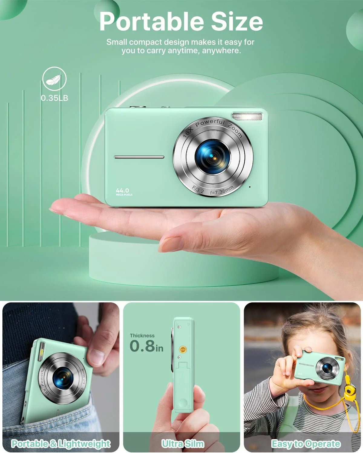 Digital Camera FHD1080P 44MP Portable Camera for Kids 2.4"LCD Screen Small Video Camera with 32G Card