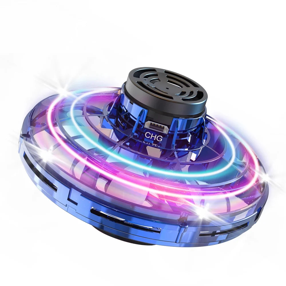 Blue Flying Spinner Mini UFO Drone - Hand Operated Fidget Spinner Toy with 360° Rotation & LED Lights for Kids and Adults