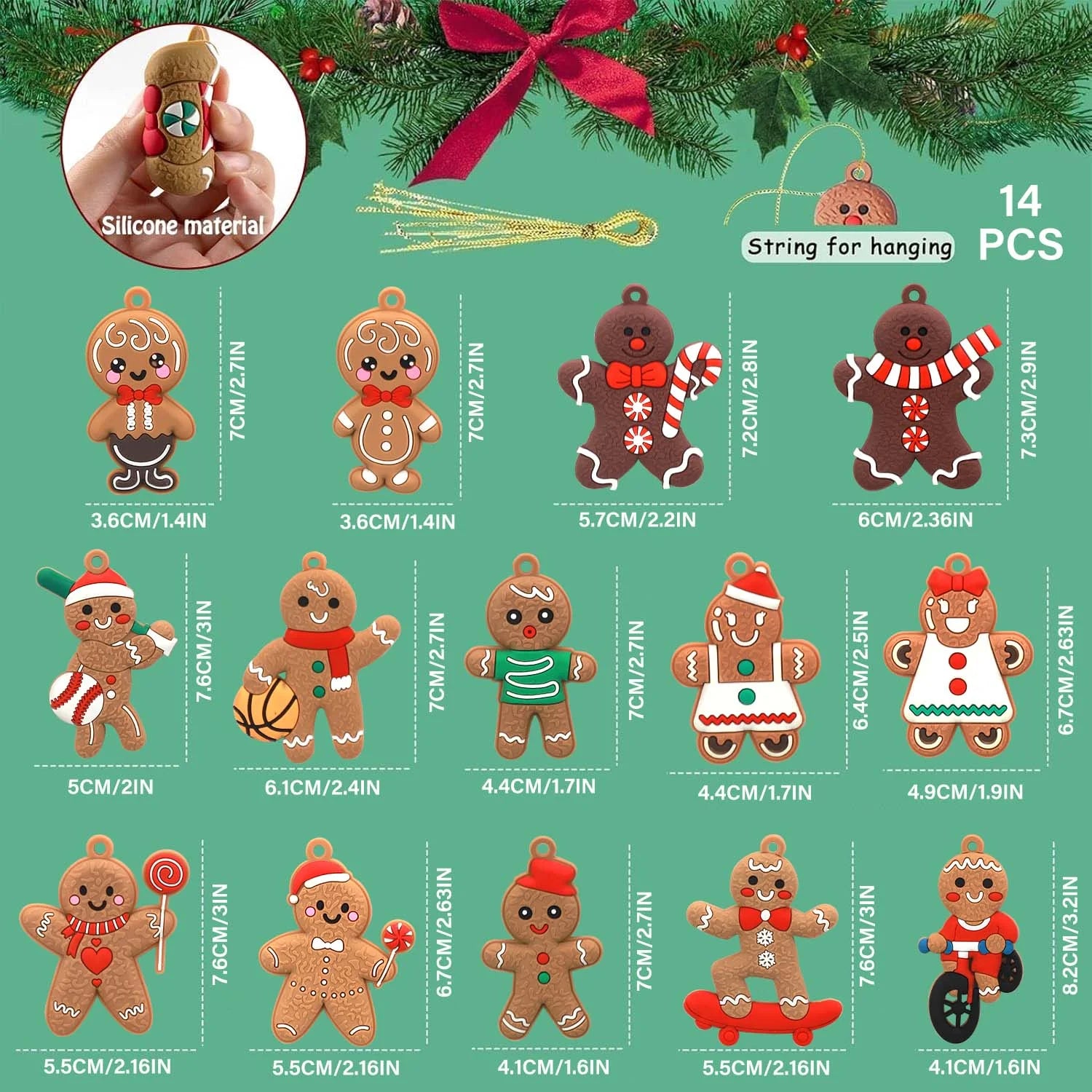14Pcs Gingerbread Christmas Ornaments Gingerbread Christmas Tree Decorations Holiday Decor (Sports)