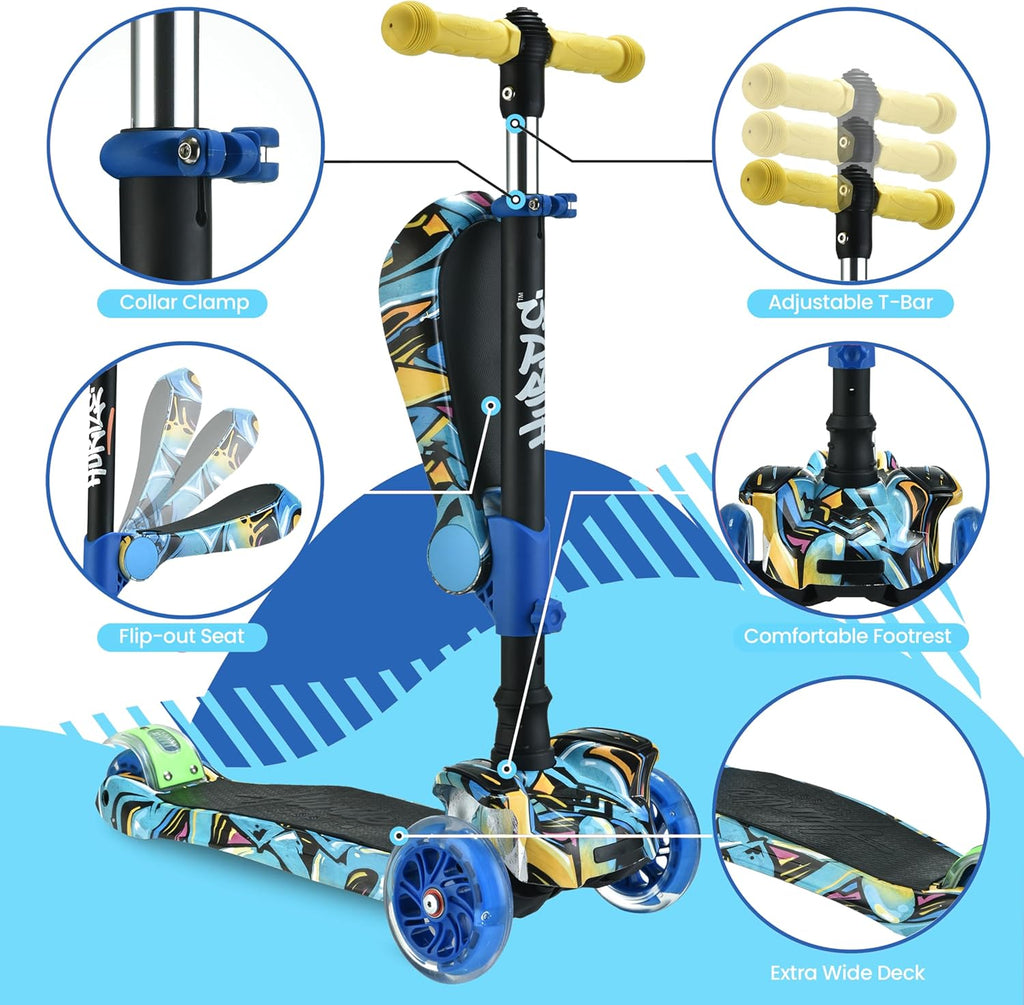 3-Wheeled Kids Scooter with LED Wheel Lights, Adjustable Lean-To-Steer Handlebar, and Foldable Seat - Versatile Sit or Stand Ride with Brake for Ages 1-14