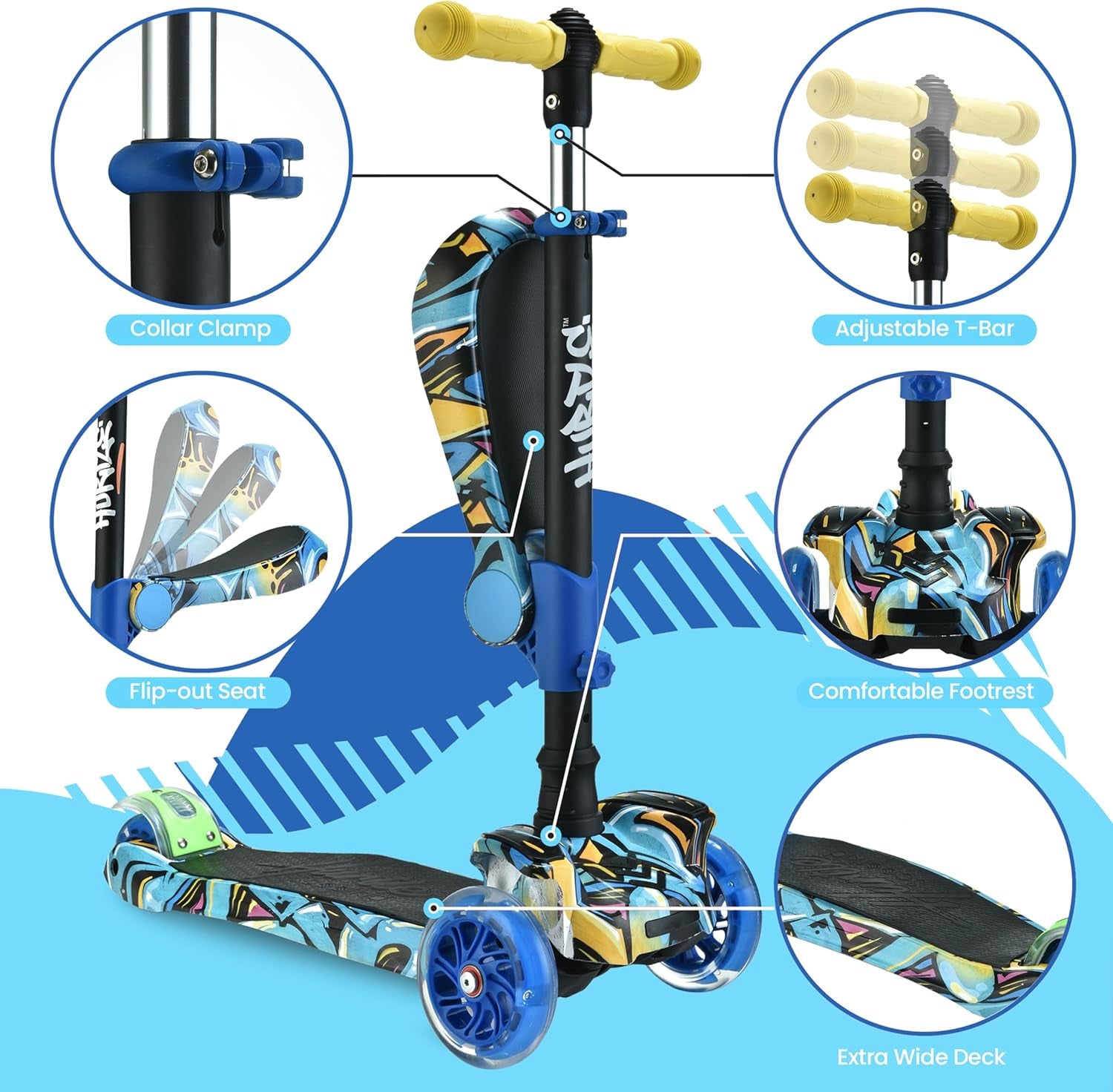 3-Wheeled Kids Scooter with LED Wheel Lights, Adjustable Lean-To-Steer Handlebar, and Foldable Seat - Versatile Sit or Stand Ride with Brake for Ages 1-14