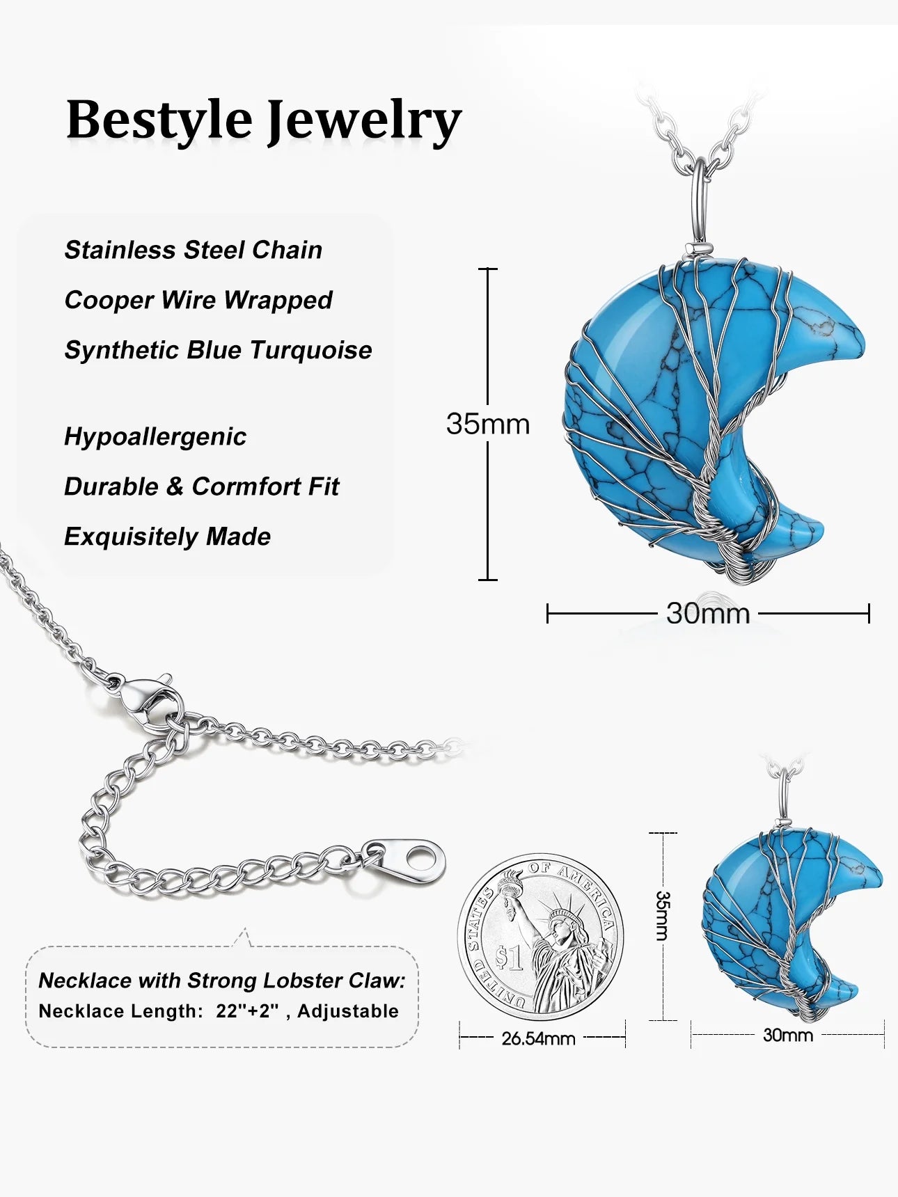 Stunning December Birthstone Necklace - Tree of Life Crescent Moon Pendant with Synthetic Blue Turquoise Healing Crystal for Women and Girls