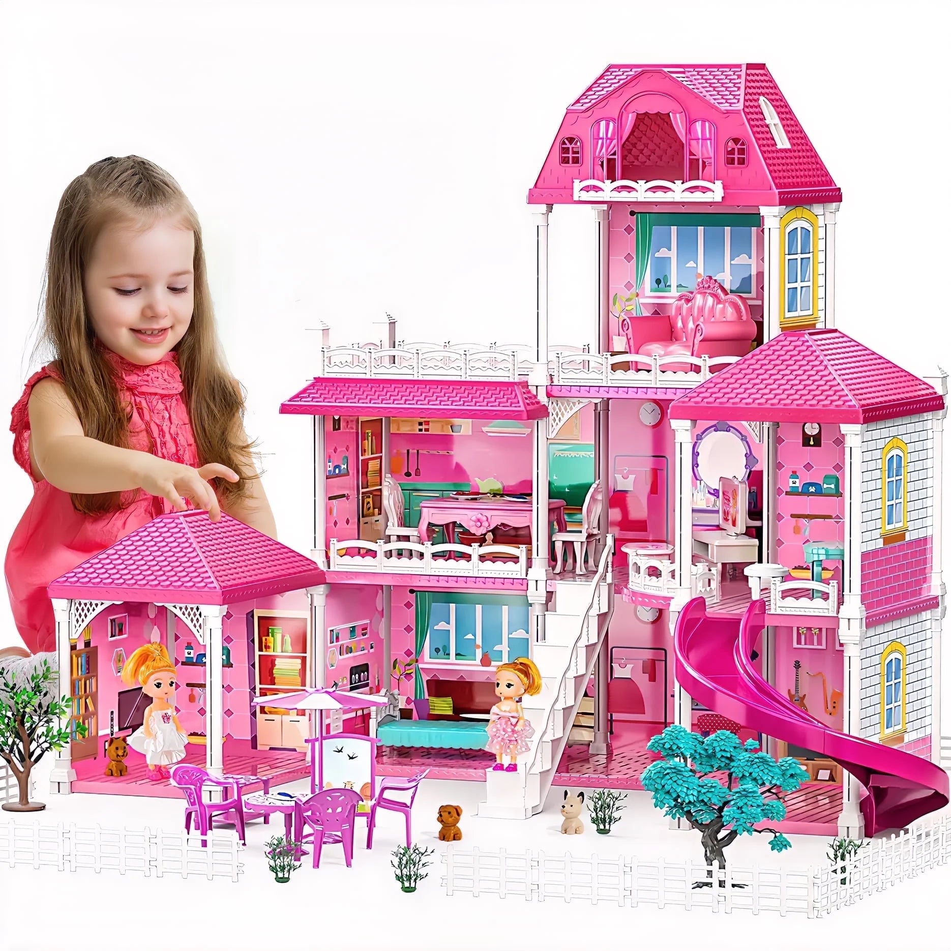 Luxurious 24.8'' Three-Story Dollhouse Set with Slide - 7 Rooms, 2 Dolls, 4 Puppies & Furniture Accessories - Perfect Pink Gift for Girls Ages 3+