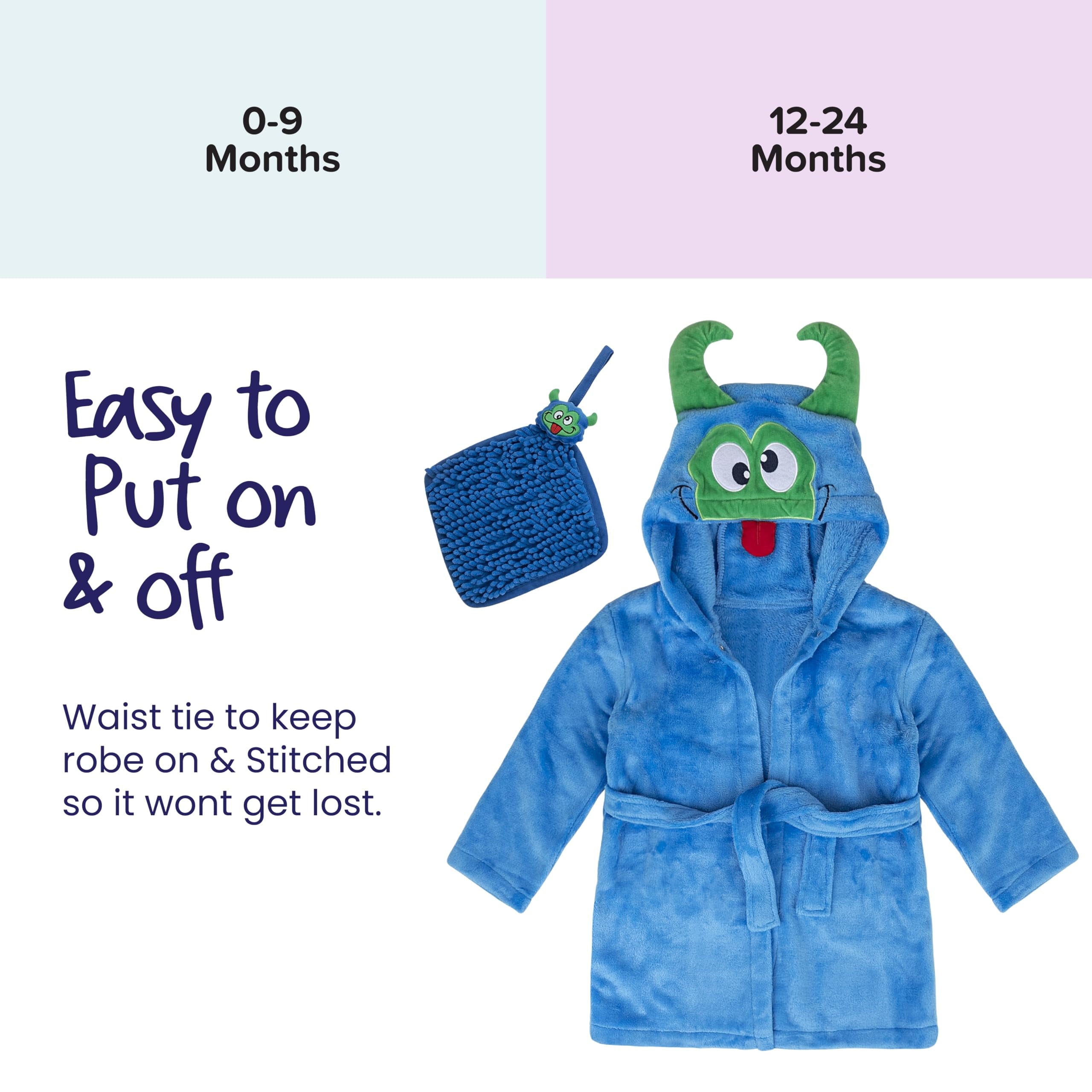 Adorable Monster Baby Boy Robe - Ultra-Soft Plush Bath Towel Spa Set with Washcloth for Boys 12-24 Months