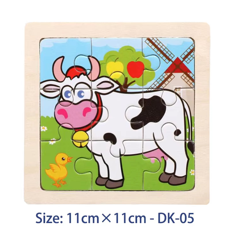 Colorful 11cm Wooden Jigsaw Puzzle for Kids - Fun Cartoon Animal & Vehicle Patterns - Montessori Educational Toy