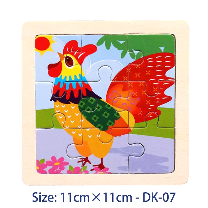 Colorful 11cm Wooden Jigsaw Puzzle for Kids - Fun Cartoon Animal & Vehicle Patterns - Montessori Educational Toy
