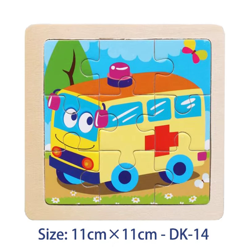 Colorful 11cm Wooden Jigsaw Puzzle for Kids - Fun Cartoon Animal & Vehicle Patterns - Montessori Educational Toy