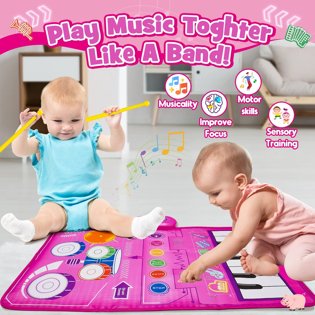 Interactive Musical Piano Mat for Babies - Perfect Gift for Girls Ages 1-4, Keyboard & Drum Sensory Play Mat