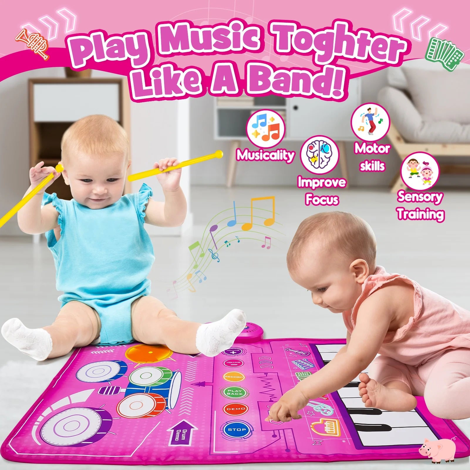 Interactive Musical Piano Mat for Babies - Perfect Gift for Girls Ages 1-4, Keyboard & Drum Sensory Play Mat