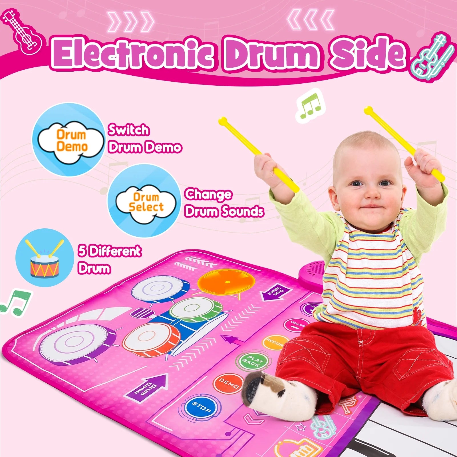 Interactive Musical Piano Mat for Babies - Perfect Gift for Girls Ages 1-4, Keyboard & Drum Sensory Play Mat