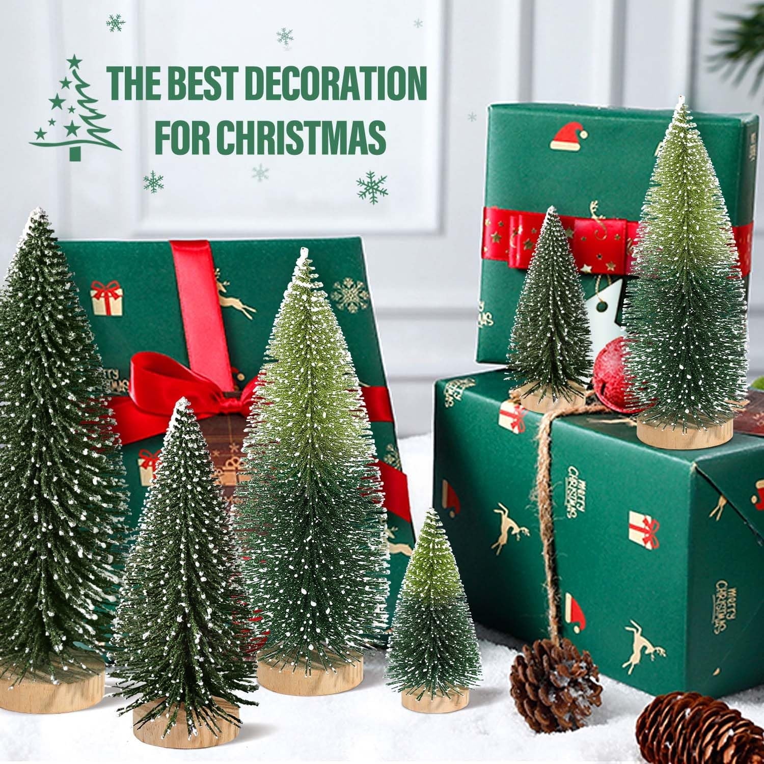 6Pcs Artificial Mini Christmas Tree Sisal Snow Trees Bottle Brush Christmas Trees Pine Trees Ornaments with Wooden Base for Christmas Party Decoration（(Green, Double Colors)）