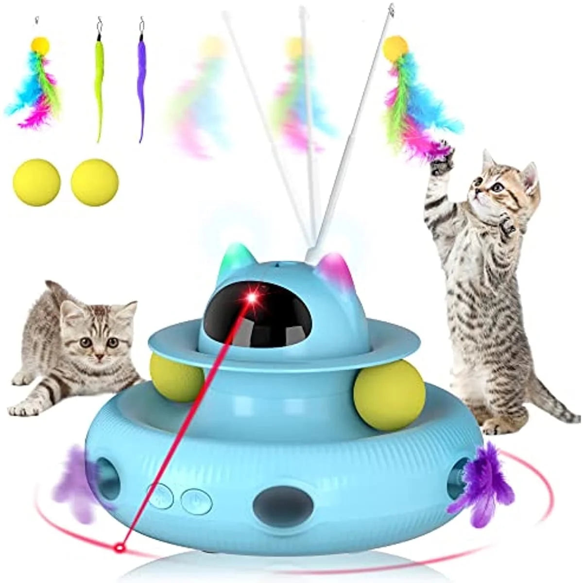 4-in-1 Interactive Indoor Cat Toy - Laser & Retractable Feather Wand, USB Rechargeable, Fun Blue Design