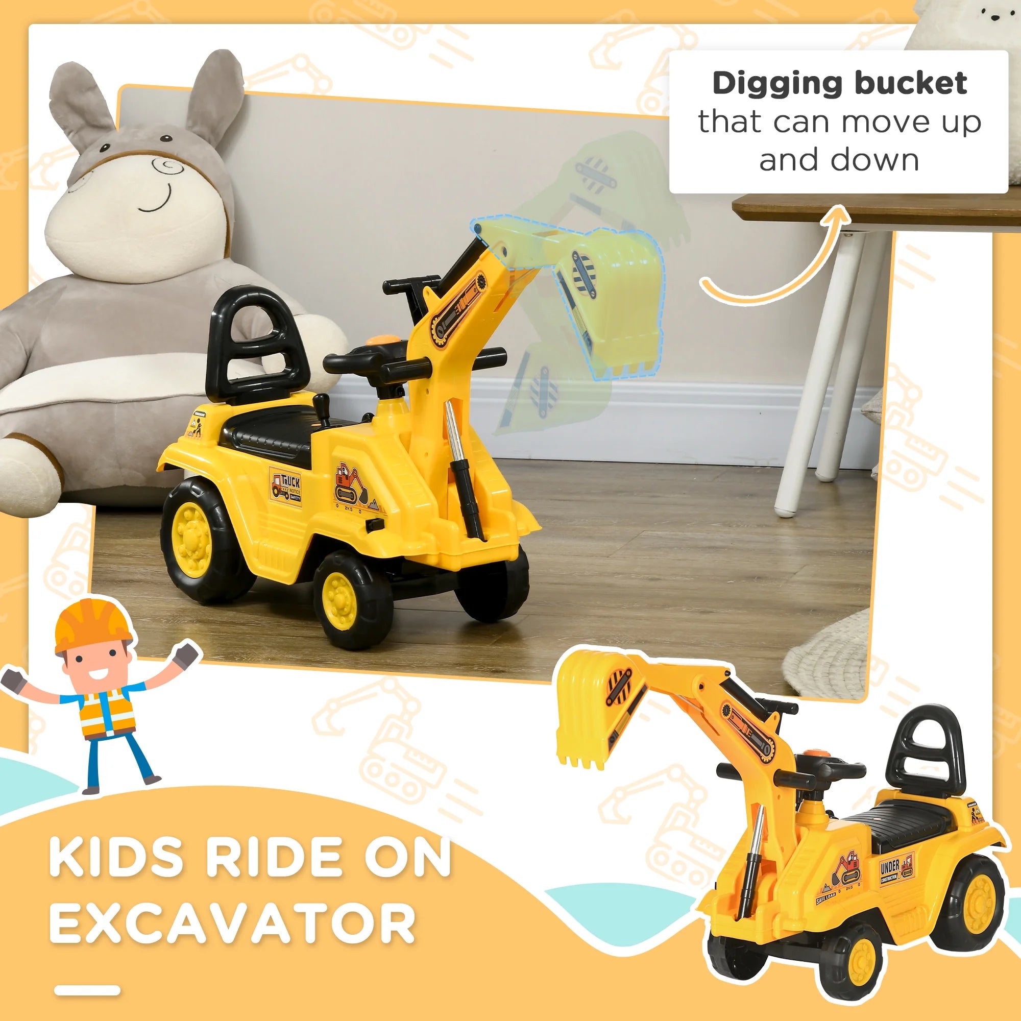 3-in-1 Ride-On Excavator Digger Scooter and Pulling Cart for Pretend Play Construction Activities