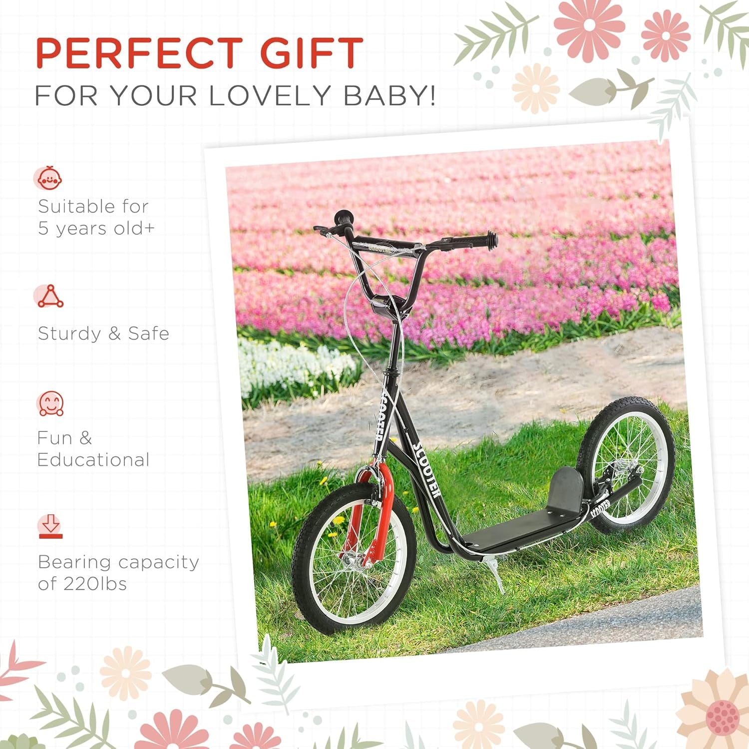 Adjustable Youth Kick Scooter for Kids 5+, 220 LBS Max Load, 16" Inflatable Wheels & Dual Brakes