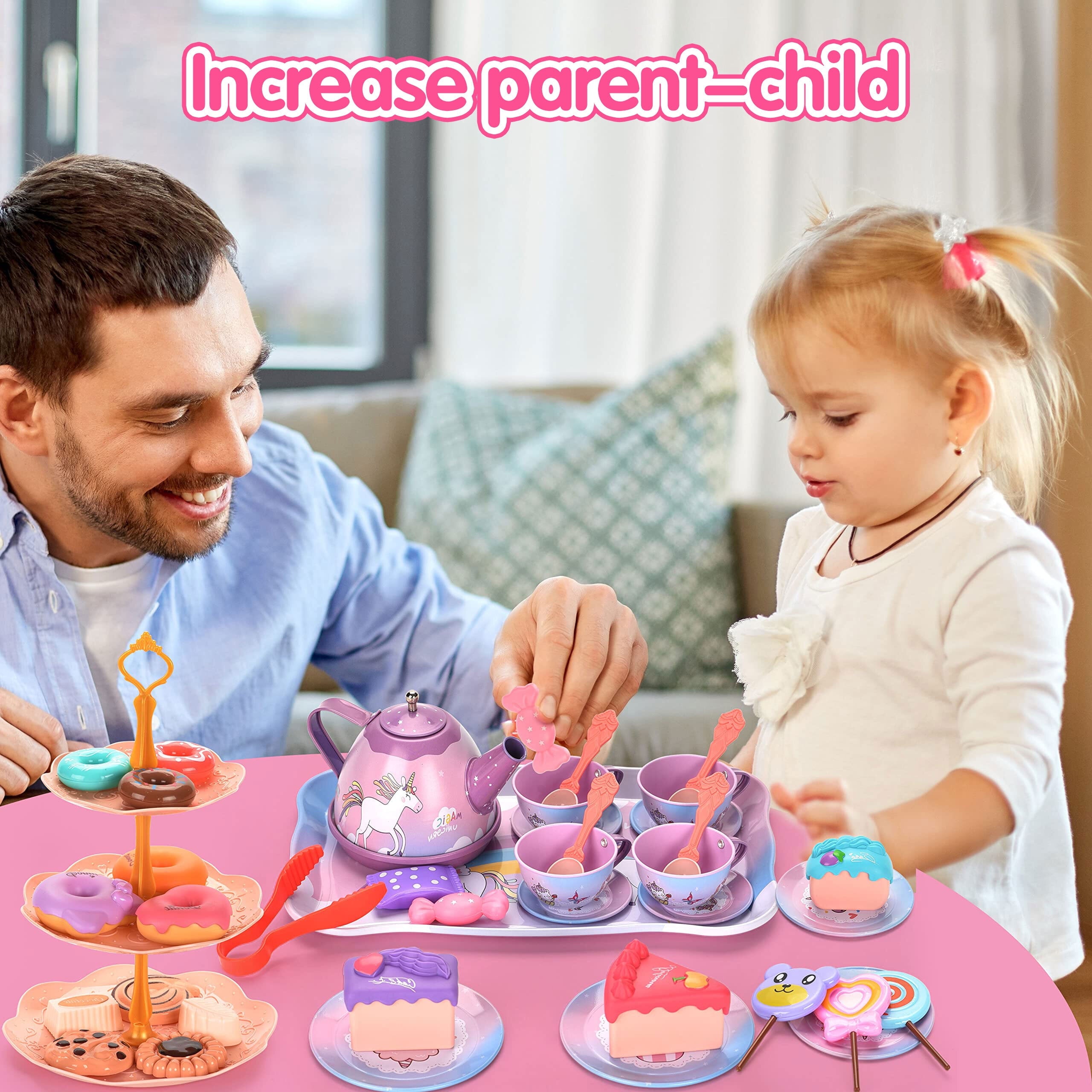 48-PIECE PLAY TEA PARTY SET FOR GIRLS: AGES 3-6, PRINCESS AND UNICORN THEMES