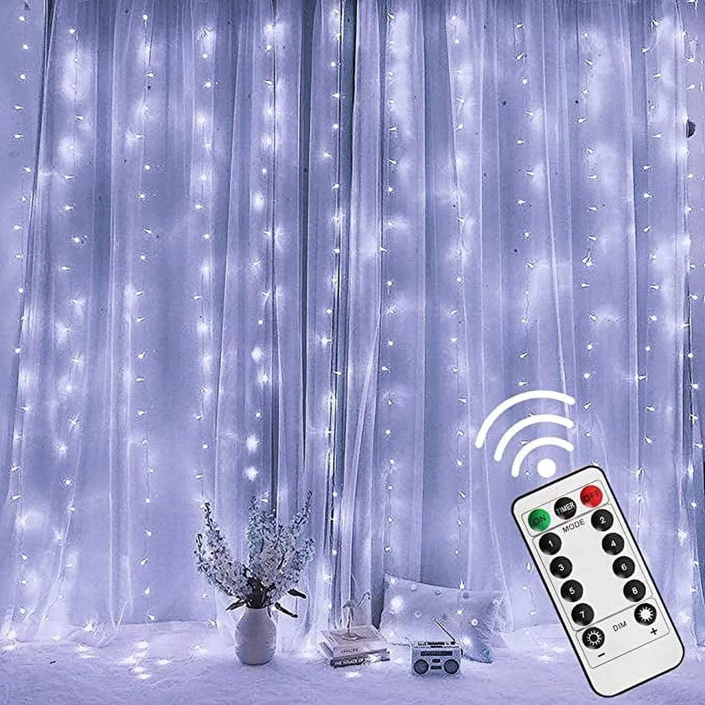 Christmas Decoration Curtain String Lights with Remote Control Timer, Christmas Lights, White, 300 Leds