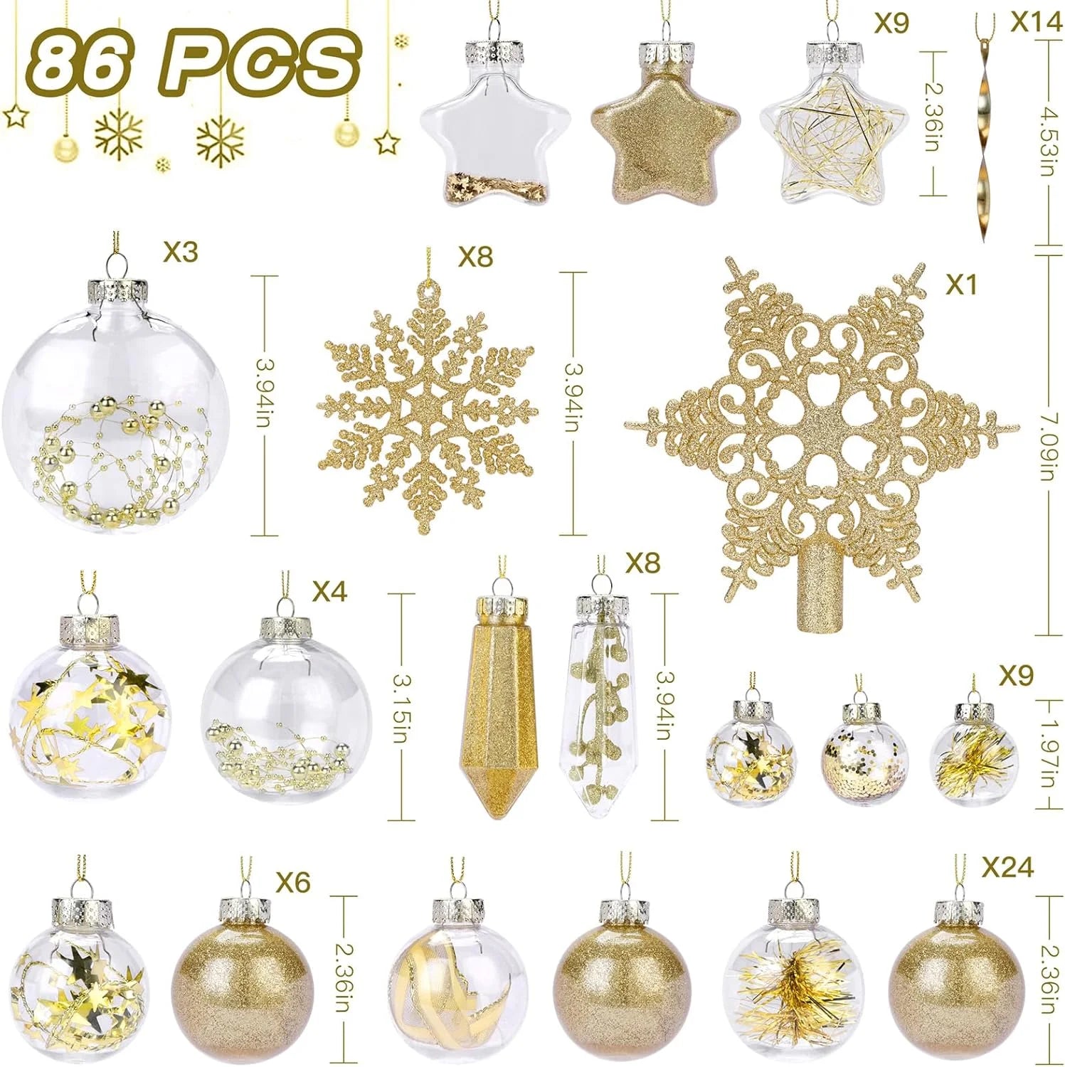 86PCS Christmas Balls Ornaments Clear Set, Shatterproof Christmas Tree Decorations Balls for Xmas Tree Decor Holiday Wedding Party Decoration, Gold