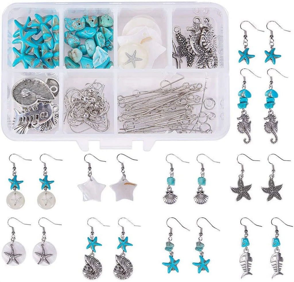 10 Pair Starfish & Seahorse Turquoise Earring Making Kit - Complete Jewelry Supplies Set