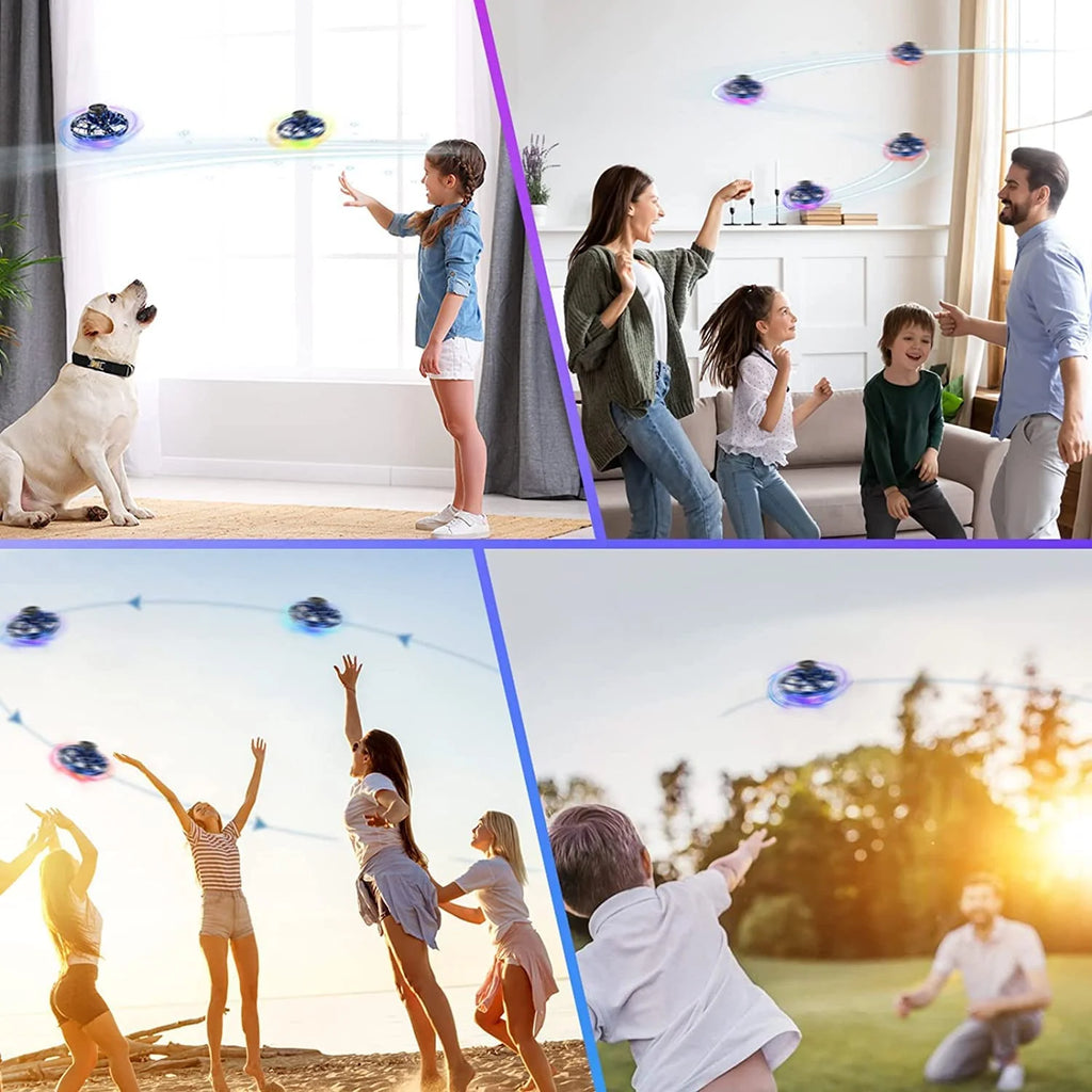 Blue Flying Spinner Mini UFO Drone - Hand Operated Fidget Spinner Toy with 360° Rotation & LED Lights for Kids and Adults