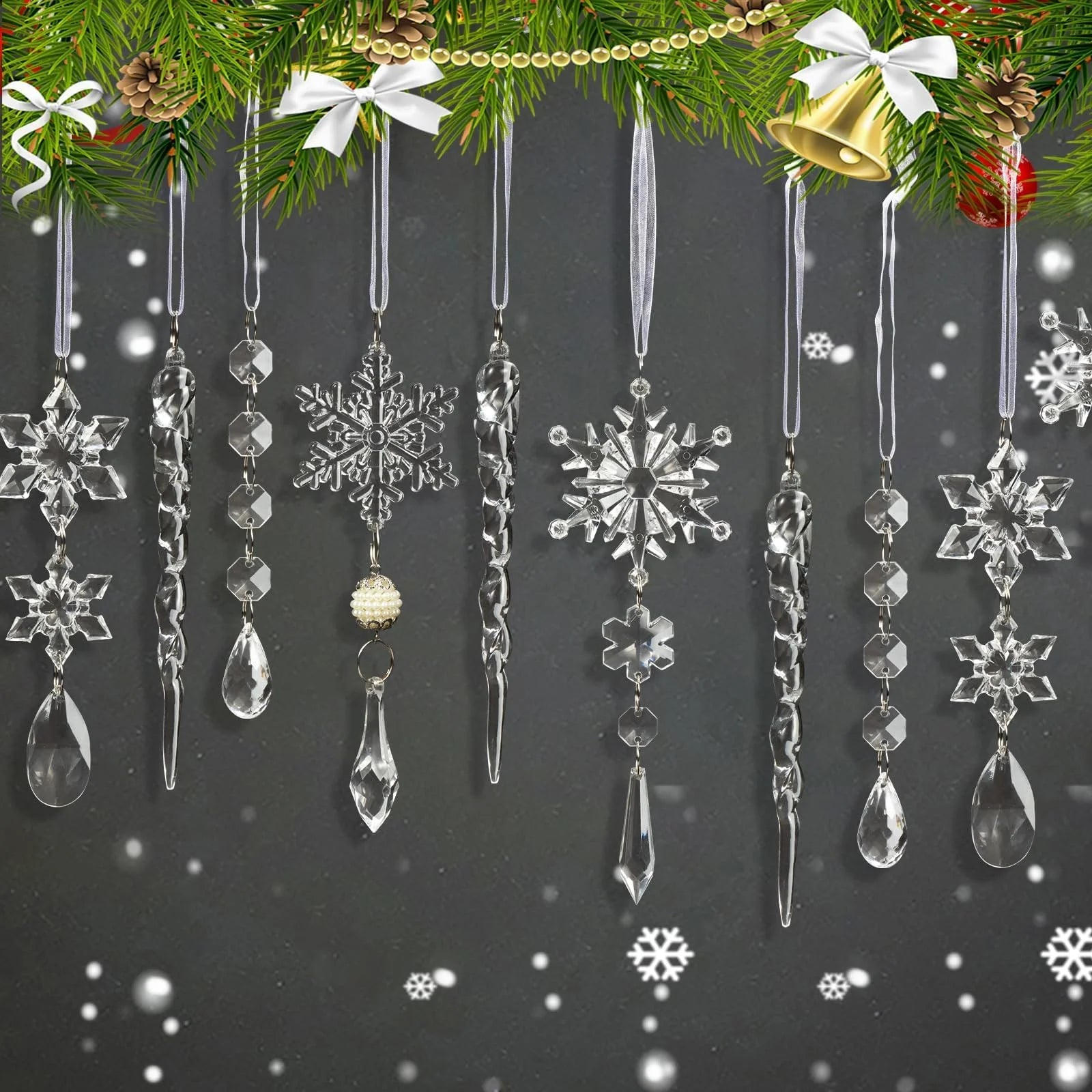 Guasslee Christmas Tree Decoration Crystal Ornaments - 32Pcs Acrylic Christmas Ornaments Snowflake Icicle Drop Crystal Hanging Ornaments for Xmas Christmas Tree Winter Holiday Frozen Decorations