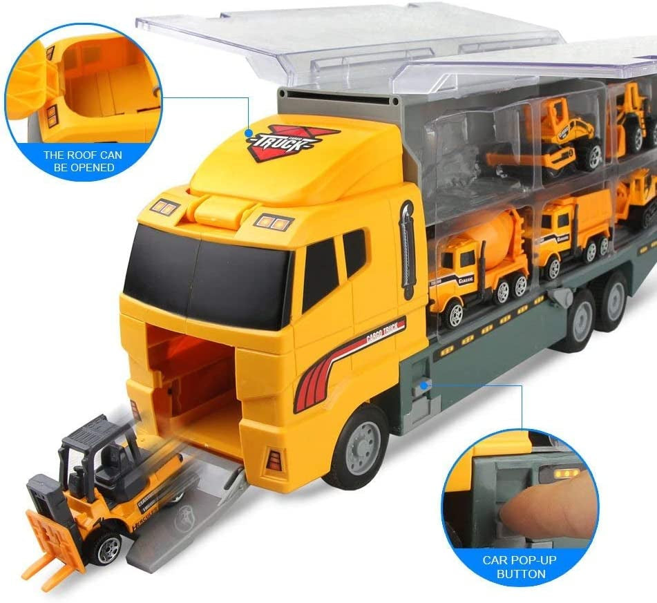 Construction Toy Truck Die-Cast Vehicle Transporter Set with Excavator, Dump Truck, Digger, and Backhoe for Children Aged 3-5 Years