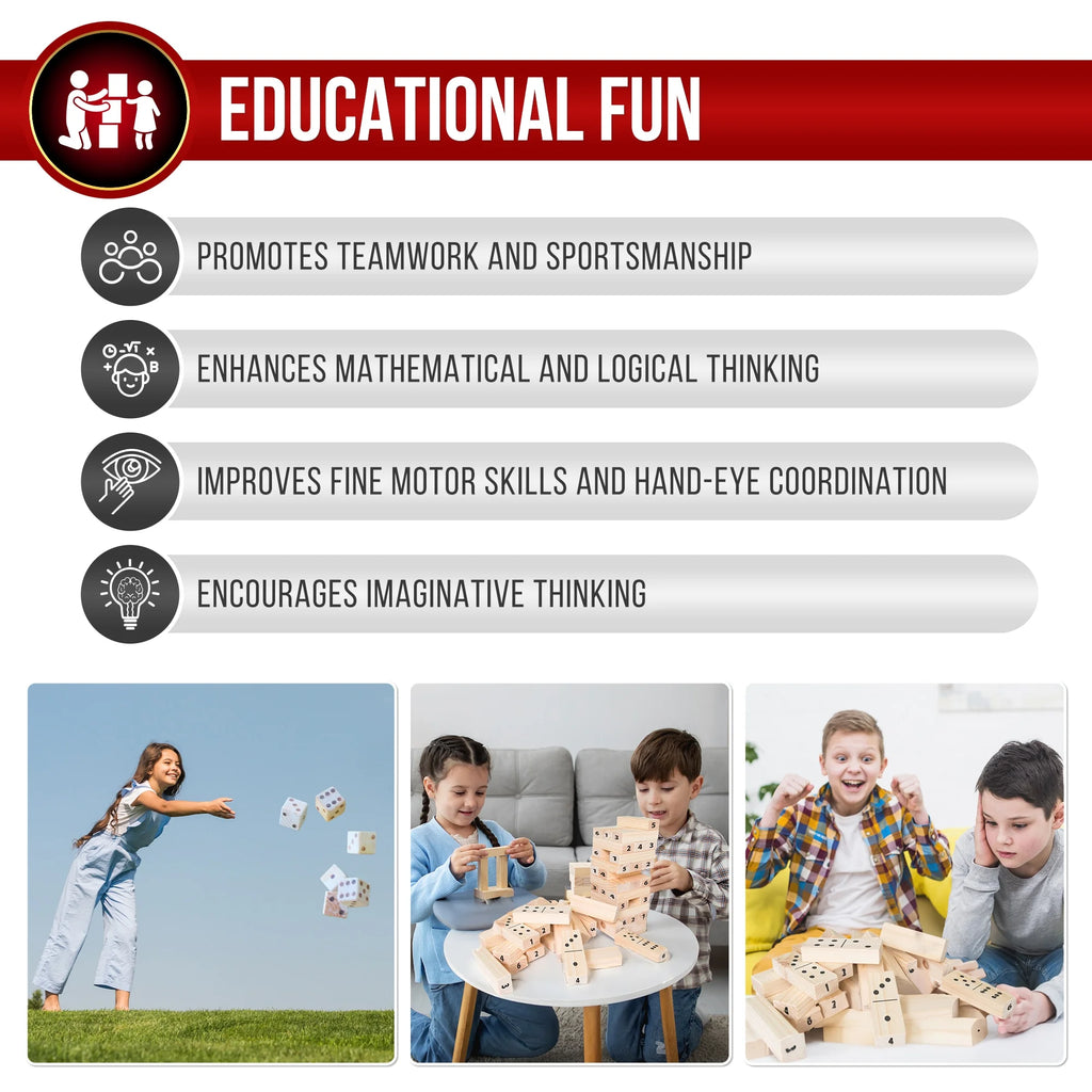 : Ultimate Outdoor Giant Games Set - 6 Jumbo Dice, 45 Tumbling Blocks & 28 Dominoes for Fun-Filled Family Activities!