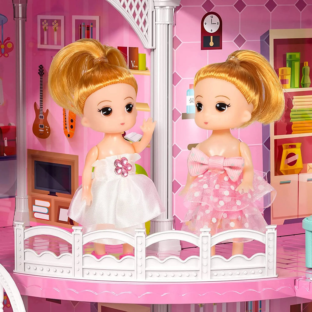 Luxurious 24.8'' Three-Story Dollhouse Set with Slide - 7 Rooms, 2 Dolls, 4 Puppies & Furniture Accessories - Perfect Pink Gift for Girls Ages 3+