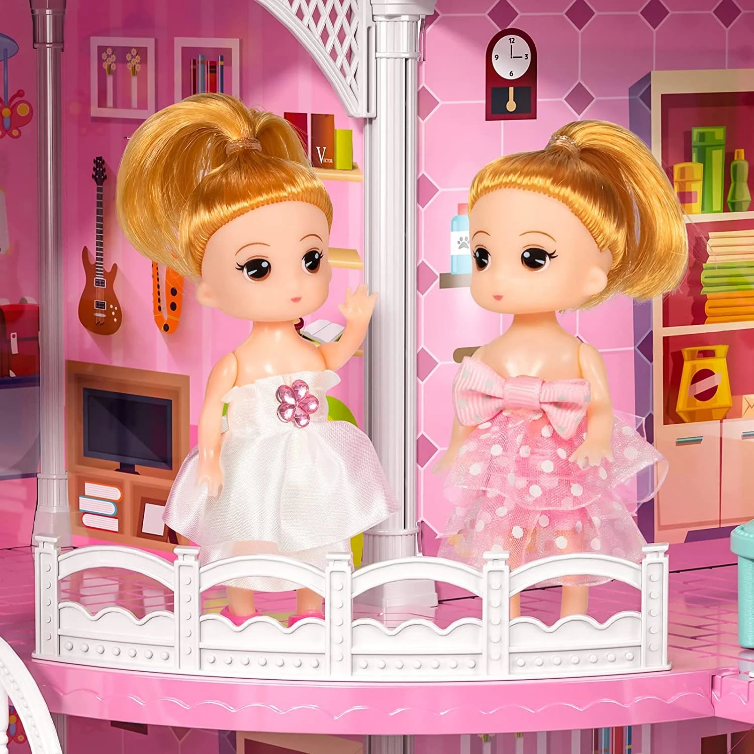 Luxurious 24.8'' Three-Story Dollhouse Set with Slide - 7 Rooms, 2 Dolls, 4 Puppies & Furniture Accessories - Perfect Pink Gift for Girls Ages 3+