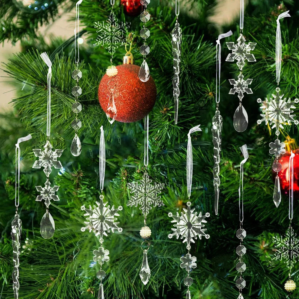 Guasslee Christmas Tree Decoration Crystal Ornaments - 32Pcs Acrylic Christmas Ornaments Snowflake Icicle Drop Crystal Hanging Ornaments for Xmas Christmas Tree Winter Holiday Frozen Decorations