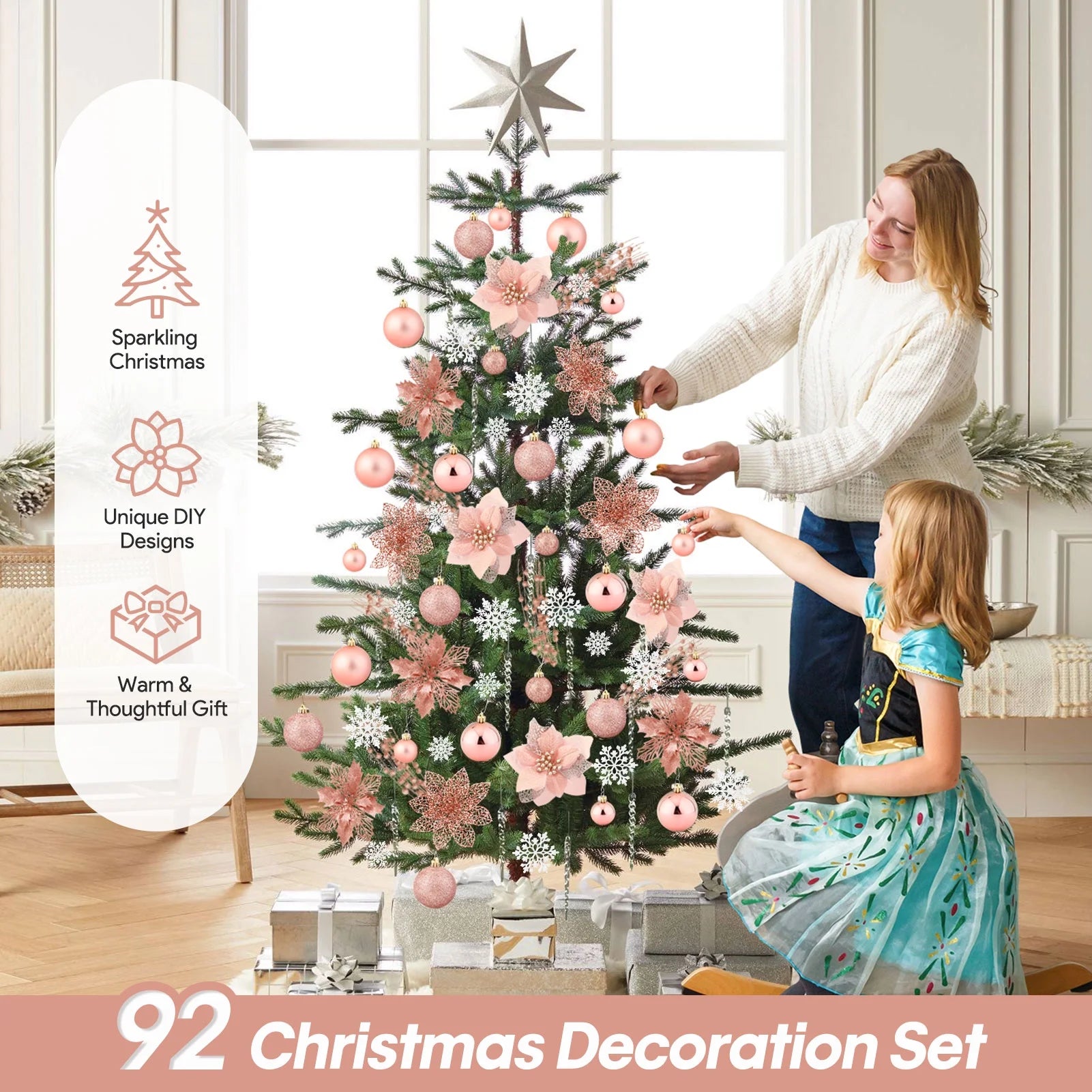 92Pcs Christmas Tree Decorations Includes Poinsettia Christmas Flowers, Ball Ornaments, Artificial Glitter Berry Stems, Snowflake and Icicle Drop Crystal Ornaments | Rose Glod