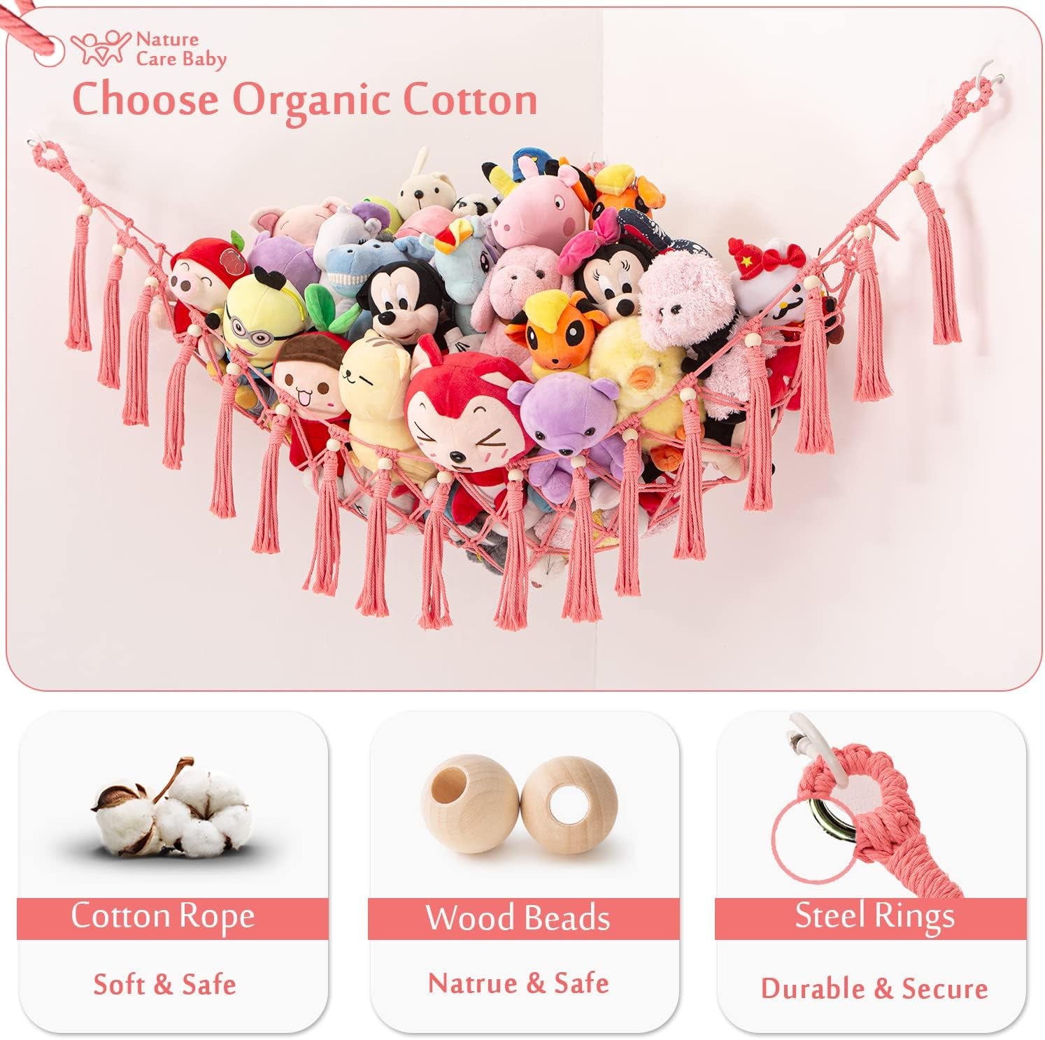 LARGE HANDMADE PINK MACRAME TOY HAMMOCK 