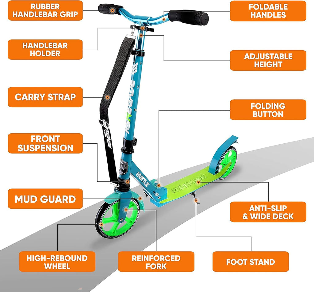 RENEGADE KICK SCOOTER: 2-WHEEL FOLDING SCOOTER WITH ADJUSTABLE T-BAR HANDLEBAR, ANTI-SLIP DECK
