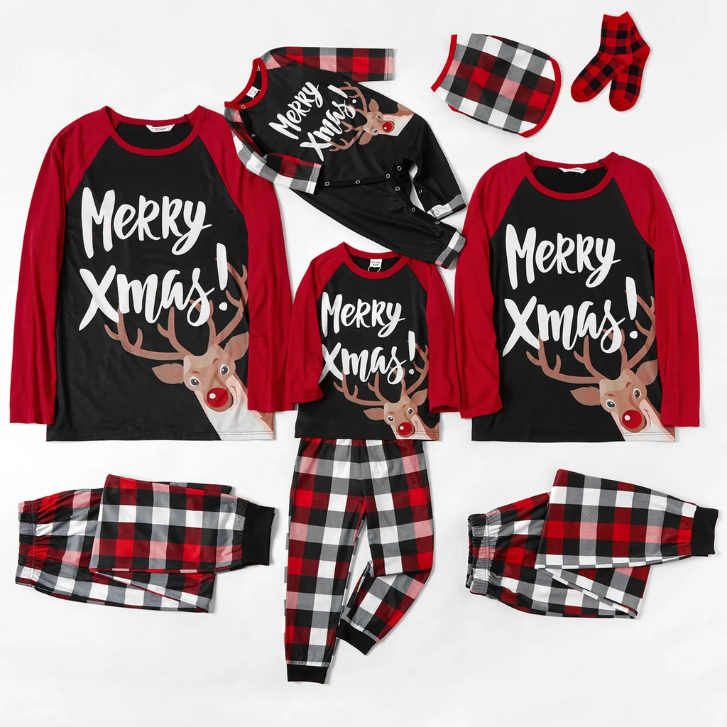 Christmas Pajamas Family Matching 2 Piece Pjs Sets Letter & Deer Print Long Sleeve Top & Plaid Pants for Kids Girl Boys Holiday Sleepwear with Socks, Black/Red, 6-7 Years